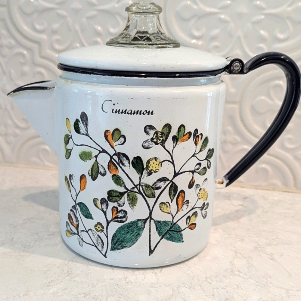 Pyrex/Delano Studios Floral Enamel Teapot with Black Handle And Insert